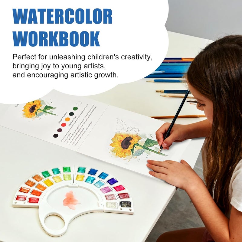 DPDPPL Watercolor Workbook, Water Coloring Book with 13 Pages 300GSM Paper, 26 Colors Watercolor Paint Set with Brush & Storage Bag, Beginner-Friendly Coloring Book for Adults - Flowers Theme Art Kit - Image 2